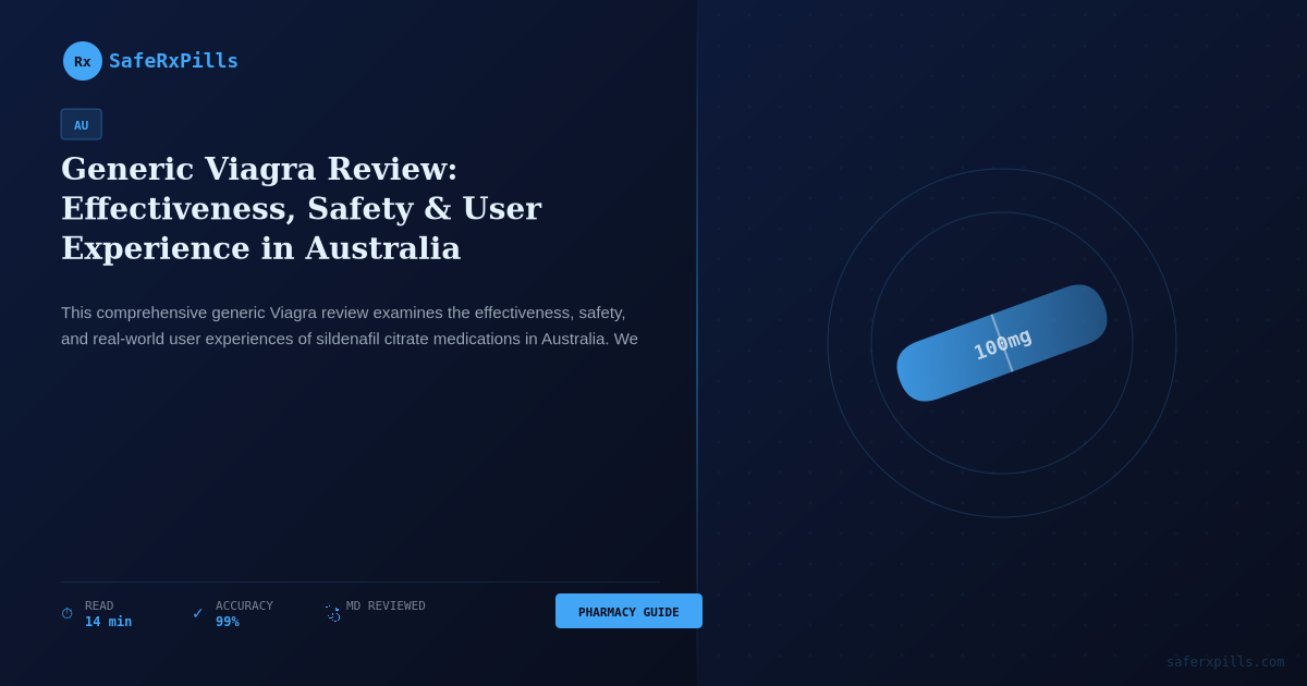 Generic Viagra tablets displayed with safety information and Australian pharmacy rating overview