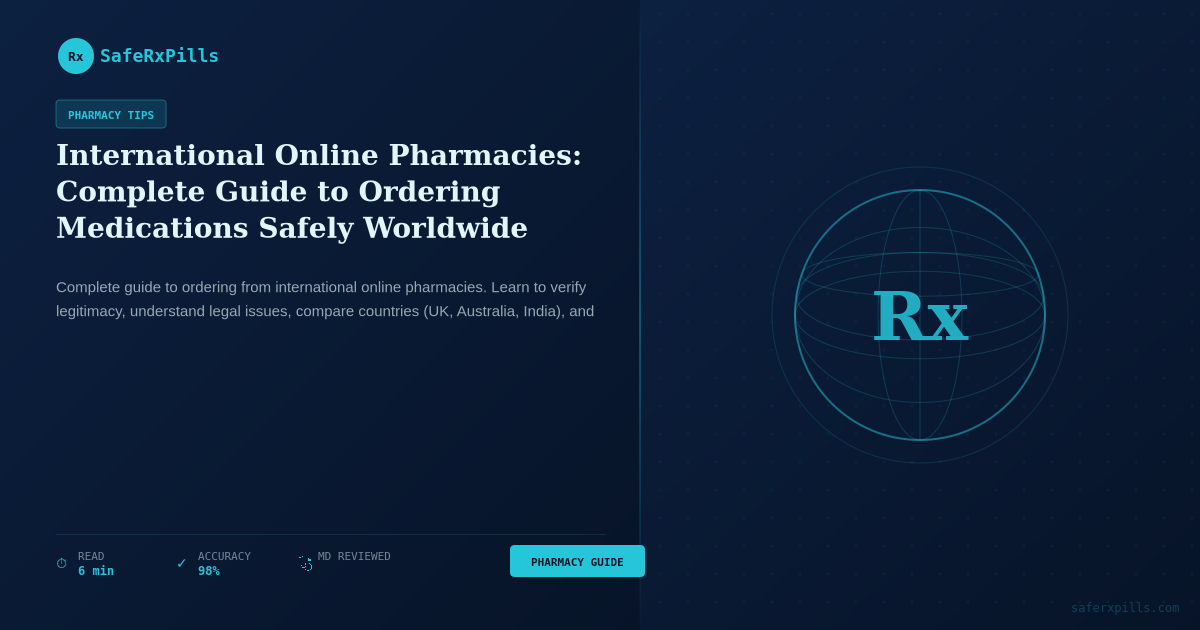 International online pharmacies guide showing safe medication ordering steps and global pharmacy verification icons